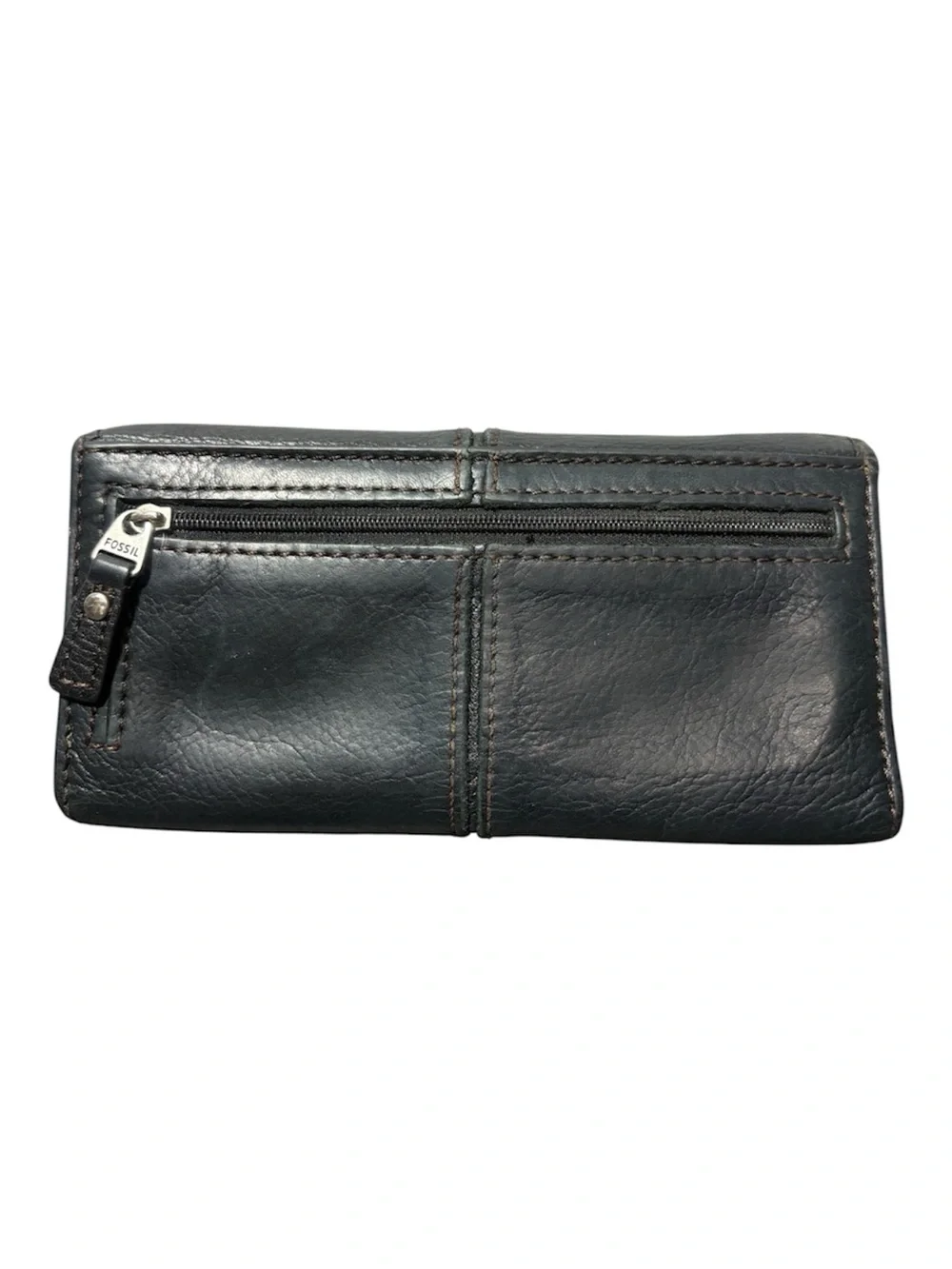 FOSSIL Vintage Dark Gray Leather Clutch Wallet with Metal Keyhole Logo